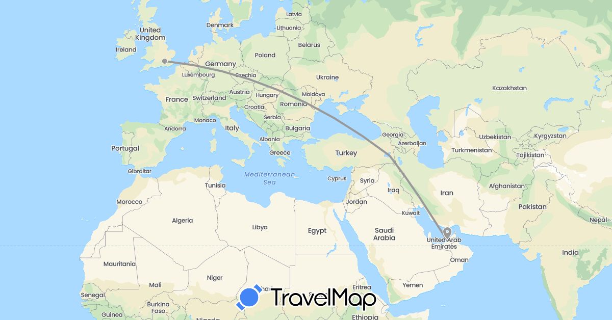 TravelMap itinerary: driving, plane in United Arab Emirates, United Kingdom, Turkey (Asia, Europe)